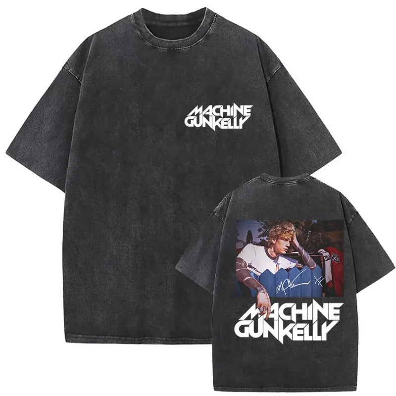 Black oversized t-shirt with faded distressed texture and white machine gun kelly text for mgk lost americana tour