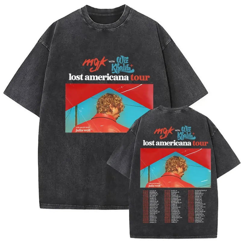 Black oversized t-shirt featuring julia wolf graphic with red and blue design elements mgk lost americana tour