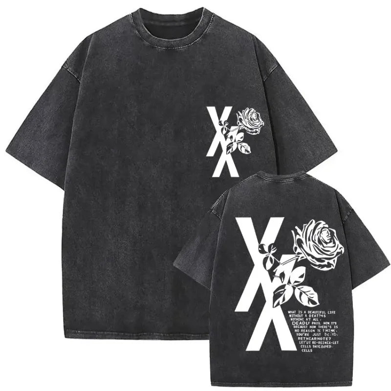 Black oversized t-shirt with white stylized xx and rose graphic on front and text on back from mgk lost americana tour
