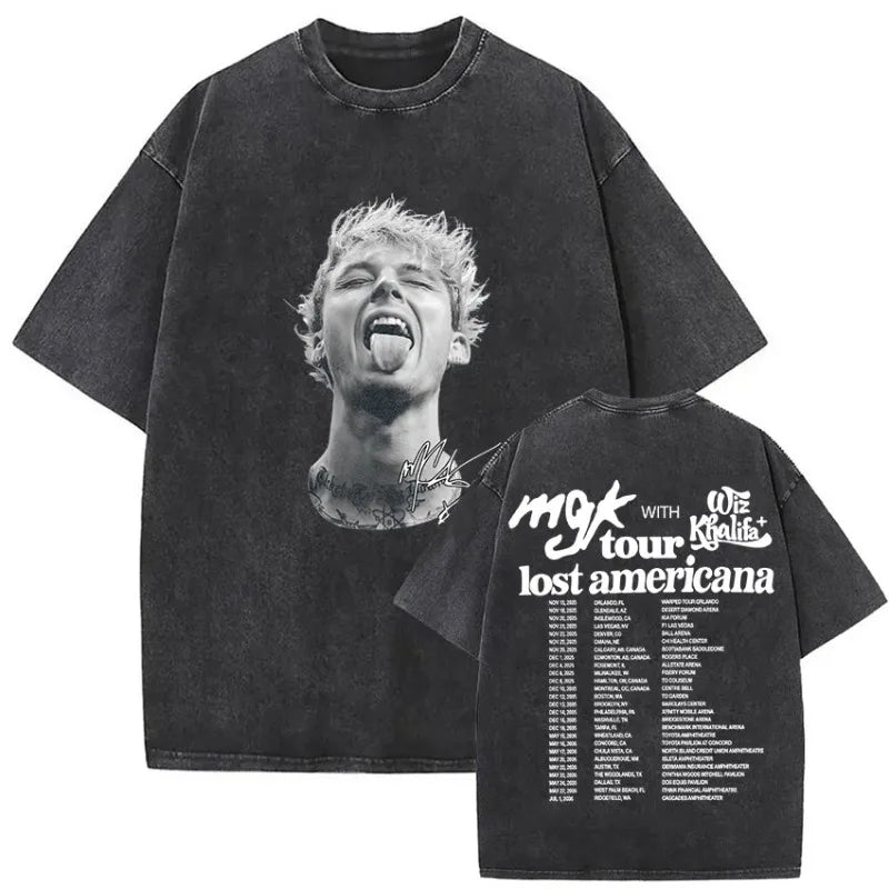 Black oversized mgk lost americana t-shirt with faded graphic front and back printed with lost americana tour dates
