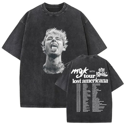 Black oversized mgk lost americana t-shirt with faded graphic front and back printed with lost americana tour dates