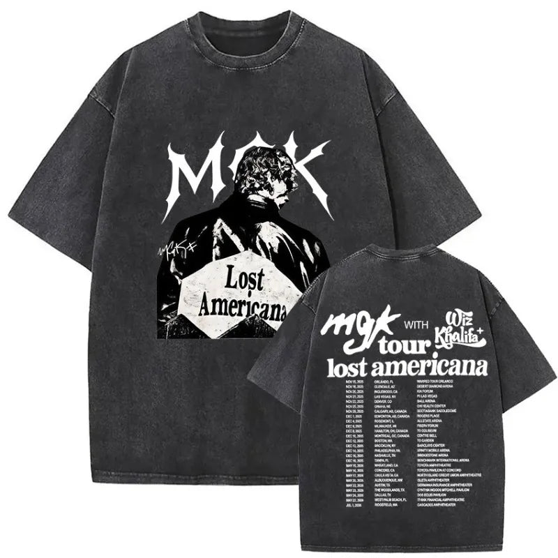 Black oversized t-shirt with distressed vintage wash and bold white mgk lost americana graphic print front for hip hop fans