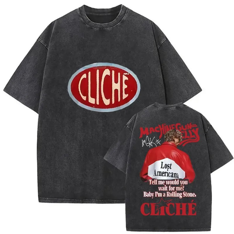 Black oversized mgk lost americana tour t-shirt with faded texture and bold red white graphics front and back