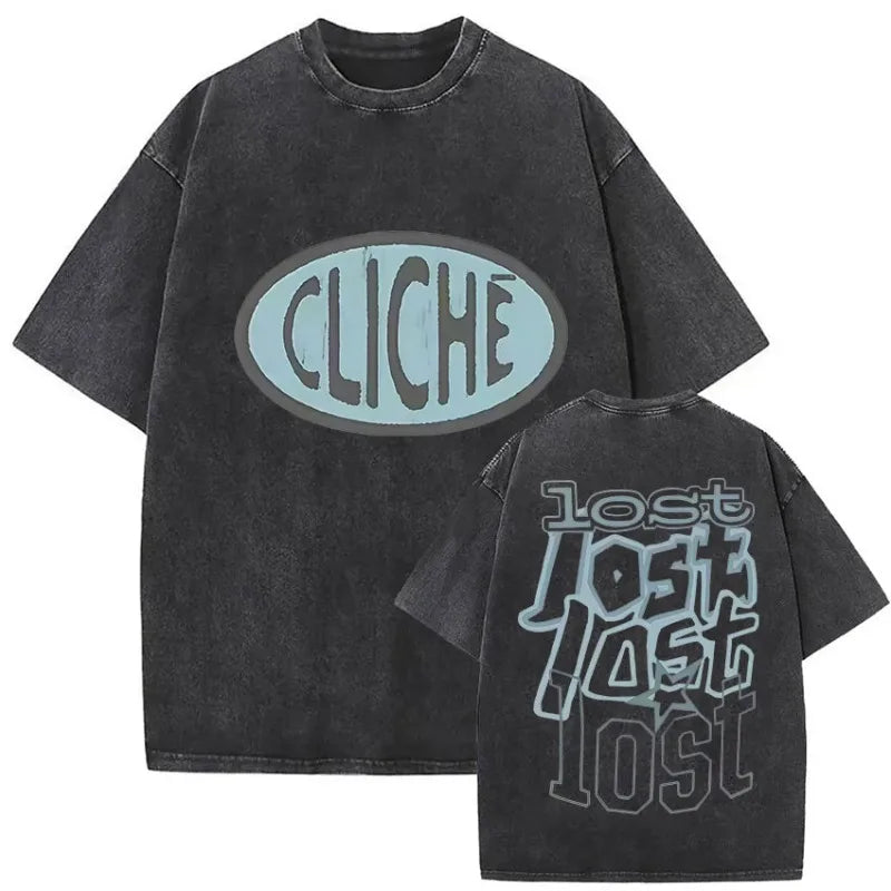 Black oversized mgk lost americana vintage washed t-shirt with faded cliche front and lost graphics on back side
