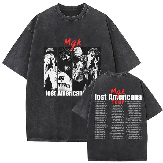 Black oversized t-shirt with faded migos graphic and lost americana tour text for mgk lost americana fans
