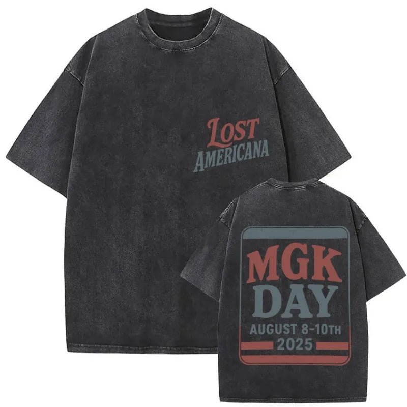 Black oversized mgk lost americana tour t shirt with faded fabric and bold red and gray gun kelly vintage graphics