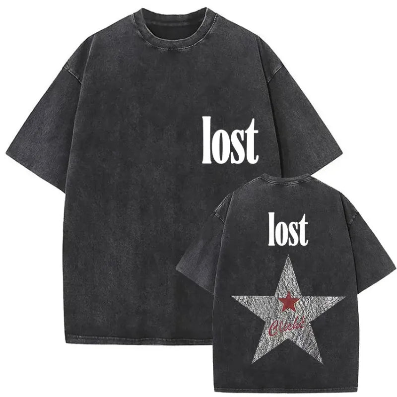 Black oversized mgk lost americana vintage washed t-shirt with lost print and distressed star graphic for lost americana tour