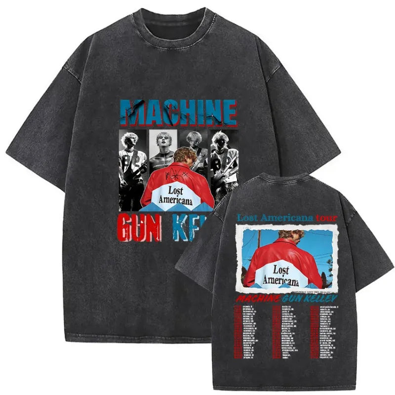Black oversized t-shirt featuring faded blue red and white mgk lost americana tour graphic for casual hip hop wear