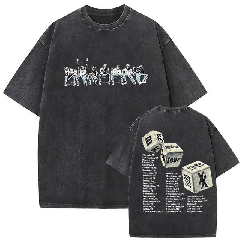 Black oversized mgk lost americana tour t-shirt with faded front graphic and dice design tour dates on back