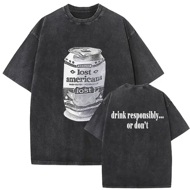 Black oversized t-shirt featuring faded lost americana soda can graphic and drink responsibly text for mgk lost americana tour