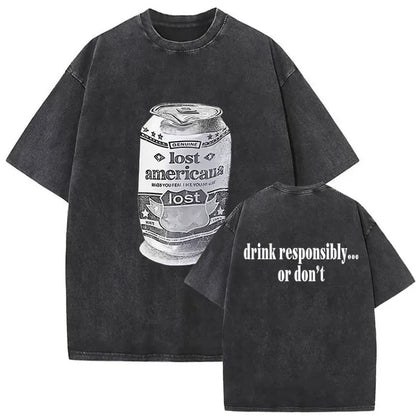 Black oversized t-shirt featuring faded lost americana soda can graphic and drink responsibly text for mgk lost americana tour