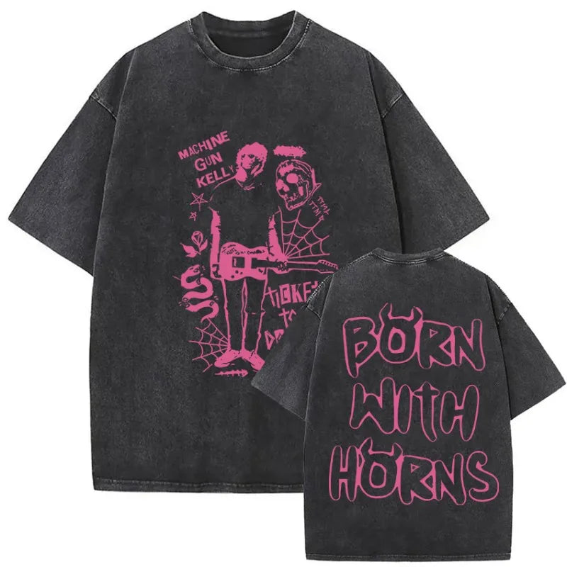 Black oversized t-shirt with pink machine gun kelly graphic and born with horns text for mgk lost americana tour 2026