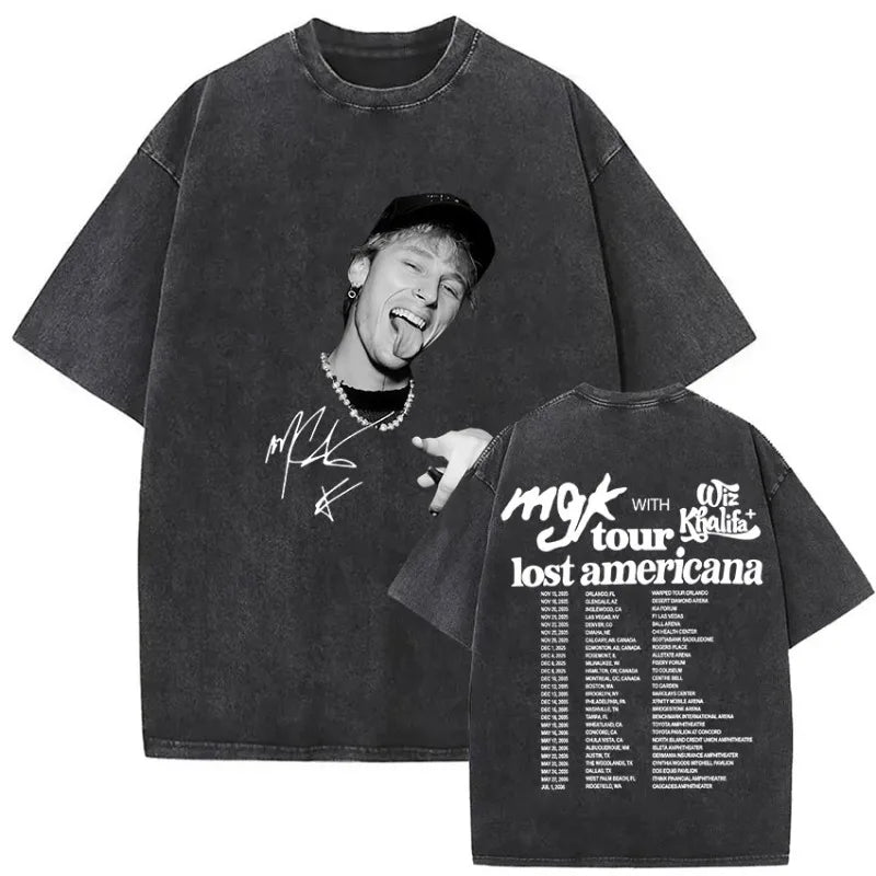 Black oversized mgk lost americana tour t-shirt featuring faded photo and signature with back tour dates print