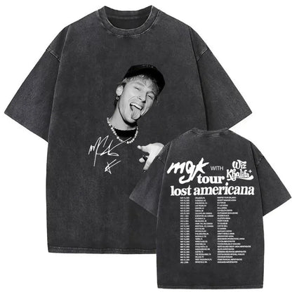 Black oversized mgk lost americana tour t-shirt featuring faded photo and signature with back tour dates print