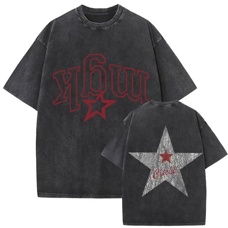 Black oversized mgk lost americana tour t-shirt with faded red lettering and silver textured star graphic on front and back