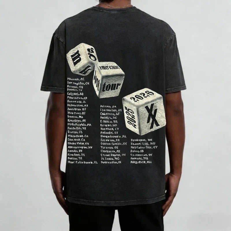 Black mgk lost americana tour graphic tee with distressed dice print and concert dates for 2025 and 2026 tour