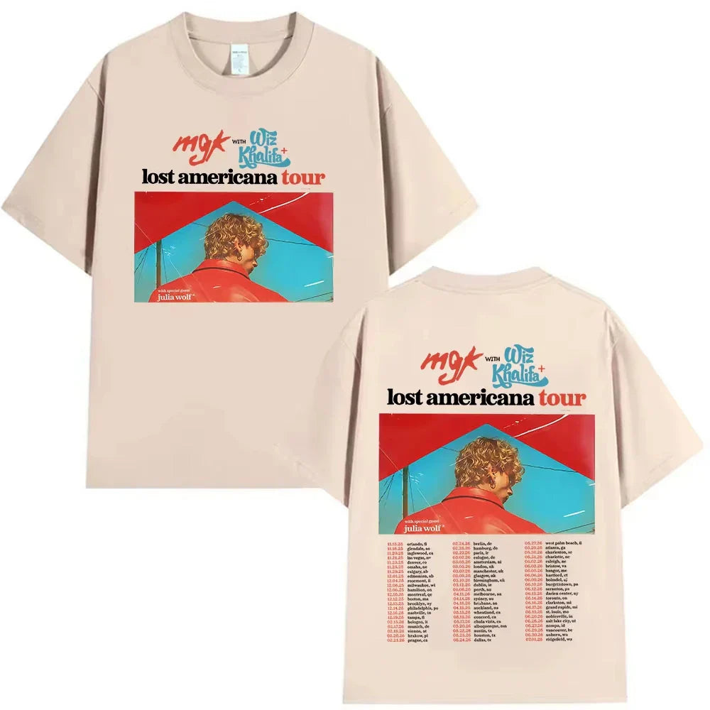 Beige short-sleeved retro cotton y2k t-shirt with mgk lost americana tour graphic featuring julia wolf design