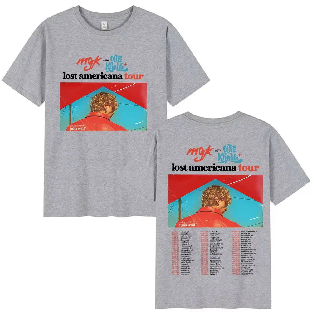 Gray cotton t-shirt featuring a vibrant mgk lost americana tour graphic with red and teal colors retro cotton y2k style