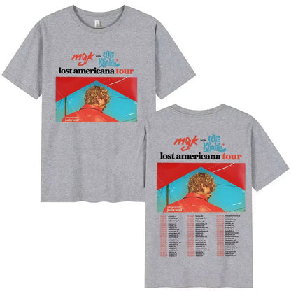 Gray cotton t-shirt featuring a vibrant mgk lost americana tour graphic with red and teal colors retro cotton y2k style