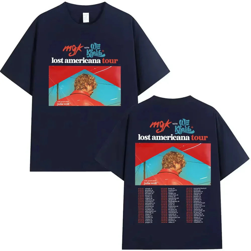 Navy blue cotton t-shirt featuring mgk lost americana tour graphic with red and teal retro cotton y2k design elements