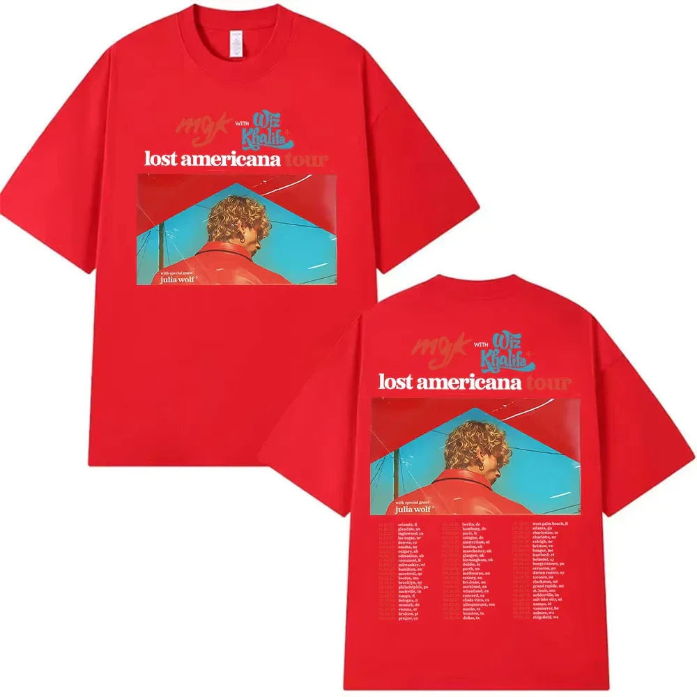 Red short-sleeved retro cotton y2k t-shirt featuring mgk lost americana tour graphic with julia wolf under blue umbrella