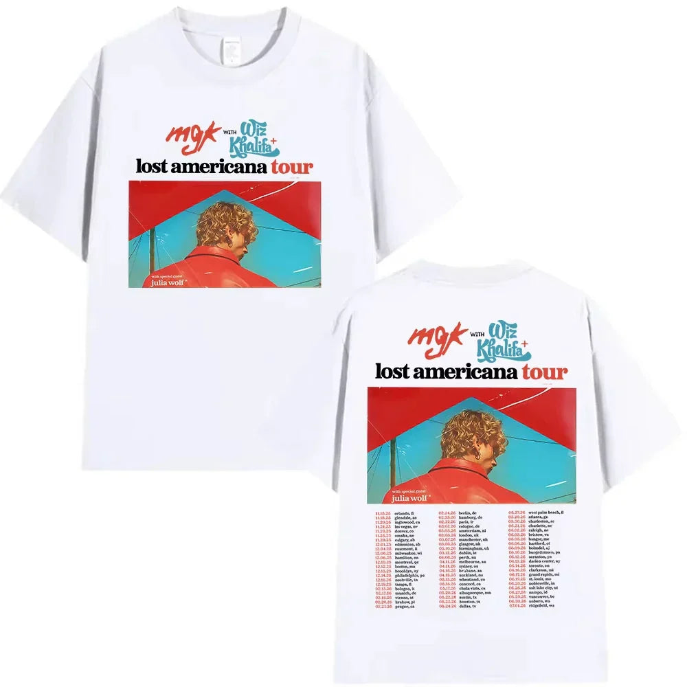 White t-shirt with mgk lost americana tour graphic print made of retro cotton y2k style short sleeve streetwear