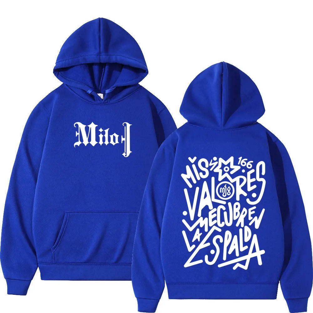 Royal blue milo j fashion graphic hoodie with white graffiti lettering, kangaroo pocket, oversized gothic punk style