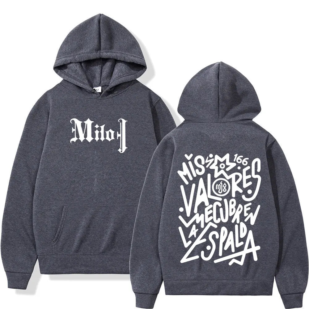 Dark gray oversized gothic punk pullover hoodie with white gothic lettering front and large back graphic by milo j fashion