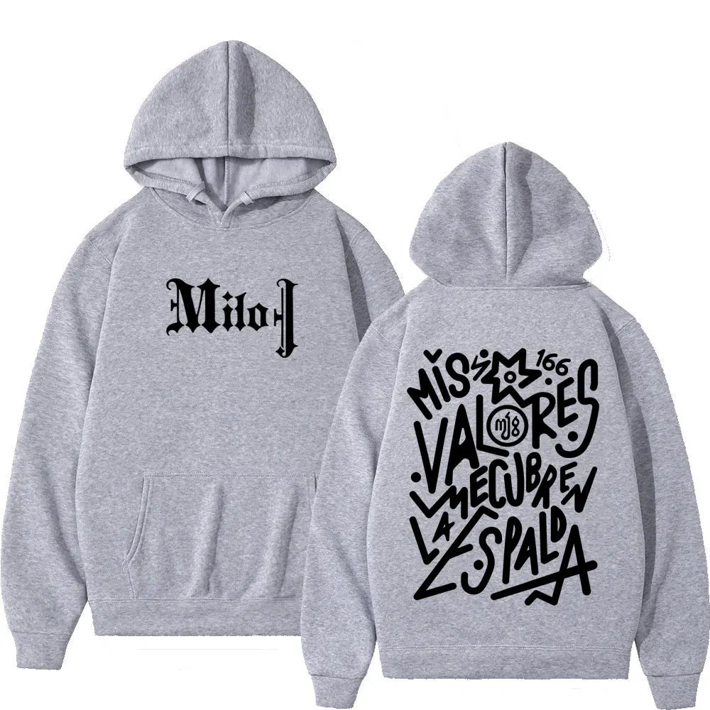 Gray oversized gothic punk hoodie by milo j fashion with black gothic lettering front and large graphic on back side