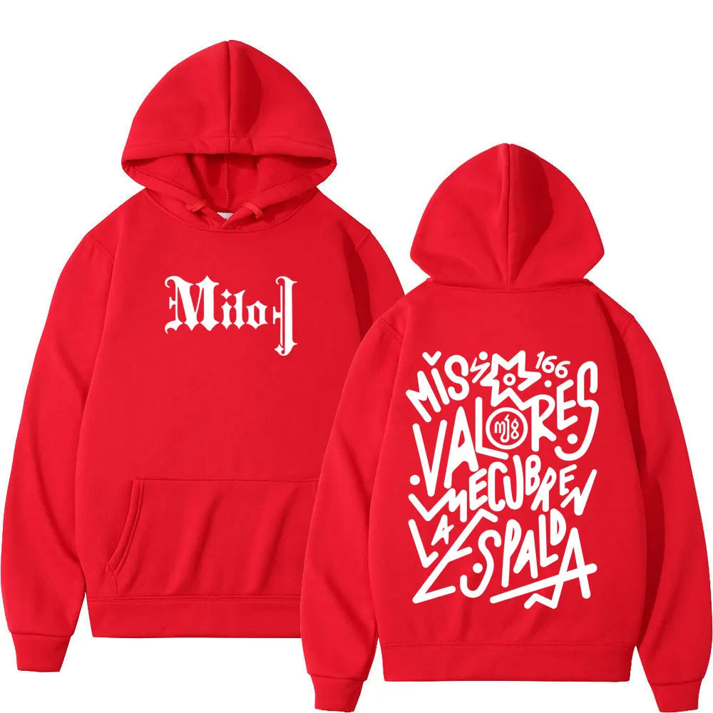 Red hooded milo j fashion graphic hoodie with white lettering front pocket oversized gothic punk style pullover