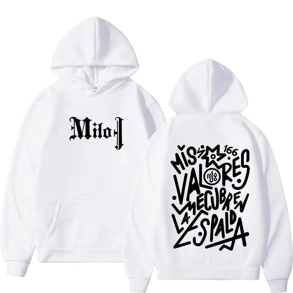 White oversized gothic punk hoodie with bold black milo j fashion graphic prints and stylized text on front and back