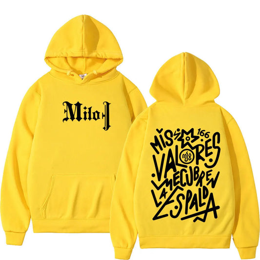 Bright yellow milo j fashion graphic hoodie with bold black graffiti lettering and kangaroo pocket oversized gothic punk style