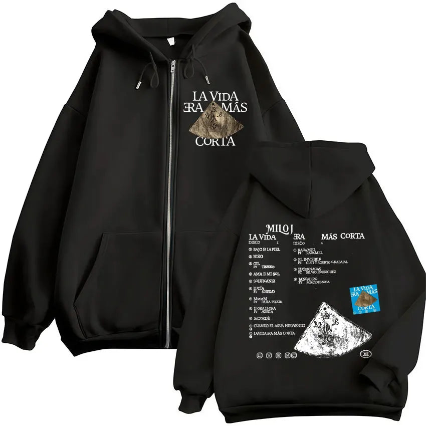 Black zip-up hoodie with vida era mas album zipper hoodies graphic print and gold foil detailing fashion hip hop style