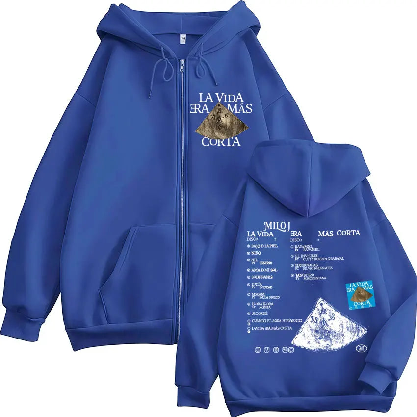 Royal blue album zipper hoodie with vida era mas graphic print and white gold triangular design for fashion hip hop