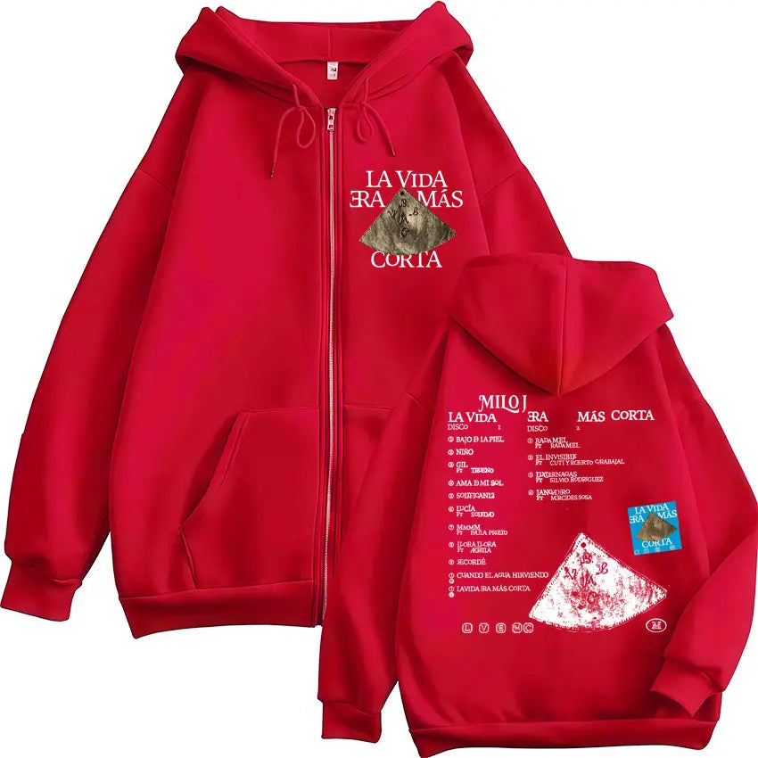 Red zip-up hoodie with vida era mas album graphic print in white and black for fashion hip hop style