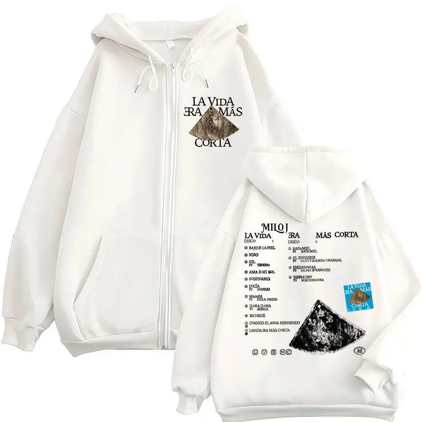 White zip-up hoodie with vida era mas album tracklists and diamond designs in black text fashion hip hop jacket