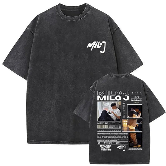Black oversized cotton t-shirt with white graphic washed vintage rapper milo j la vida era mas corta hip hop fashion back print