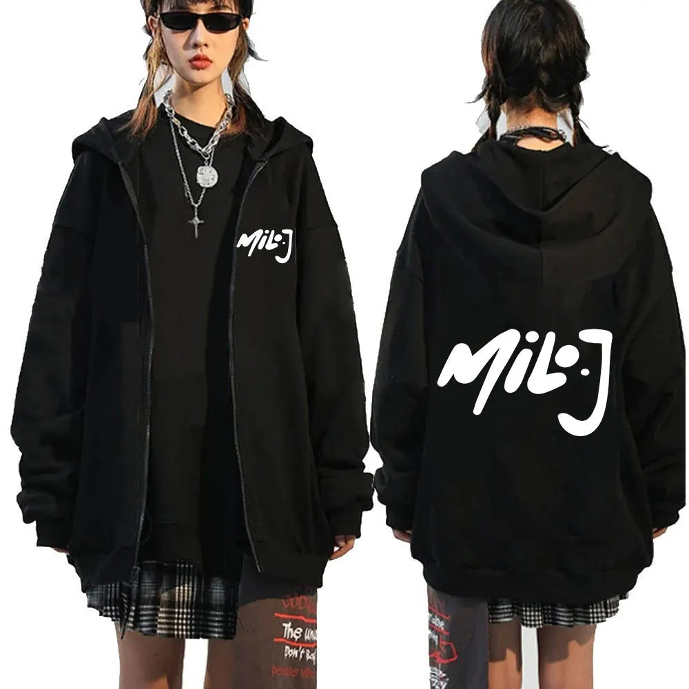 Black zip up hoodie with white milj lettering on front and back featuring milo j logo merch zipper hoodies casual oversized jackets