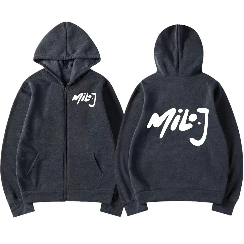 Dark gray casual oversized jackets featuring a bold white milo j logo on front and back in merch zipper hoodies style