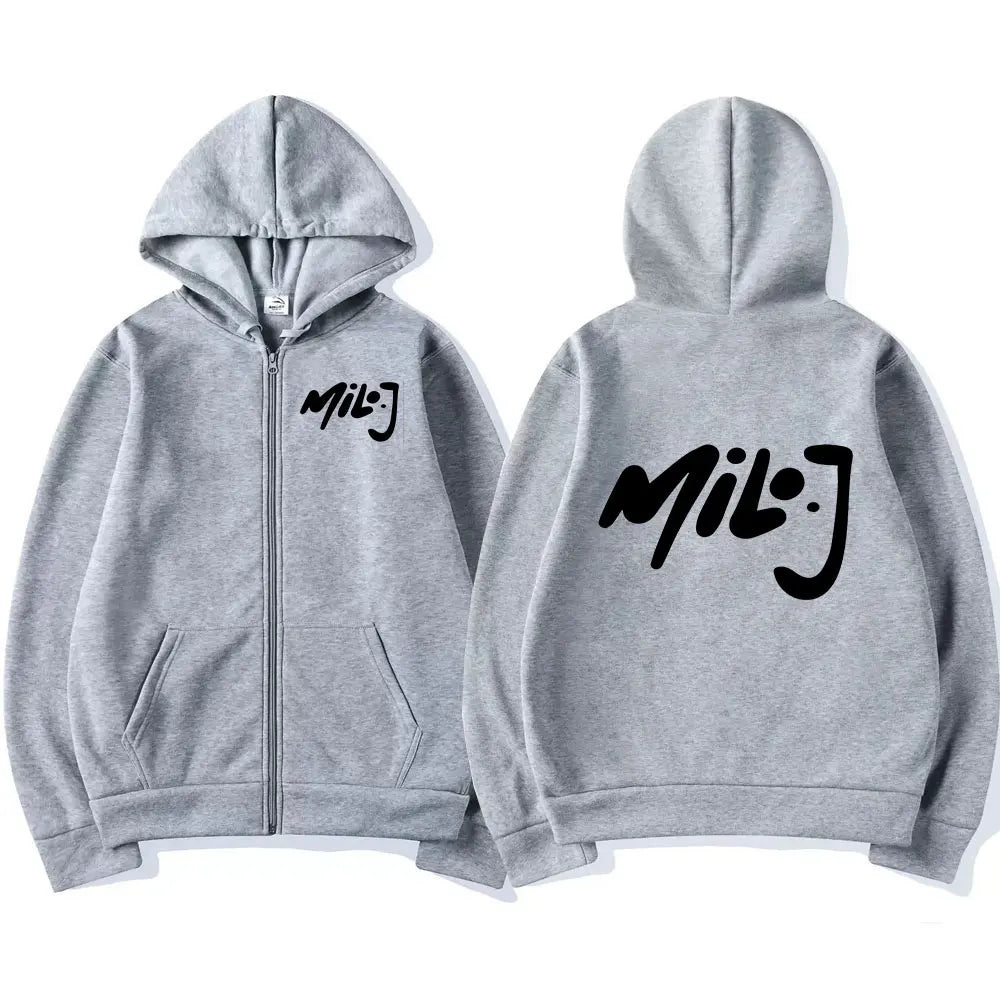 Gray zip-up hoodie featuring black milo j logo script on front and back for casual oversized jackets merch zipper hoodies