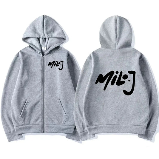 Gray zip-up hoodie featuring black milo j logo script on front and back for casual oversized jackets merch zipper hoodies
