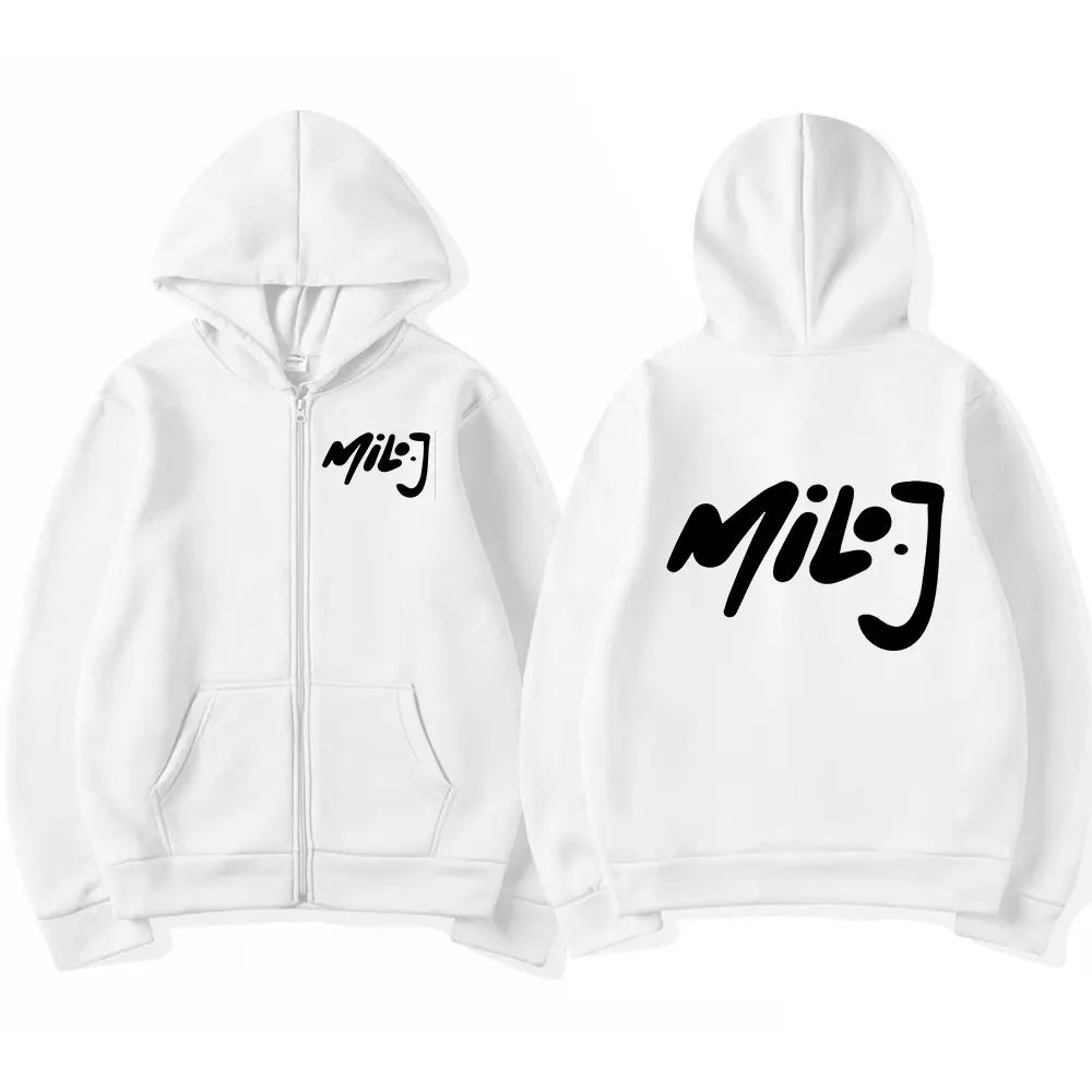 White zip-up hoodie with bold black milo j logo printed on chest and back casual oversized jackets merch zipper hoodies