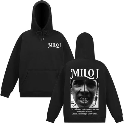 Black milo j vintage graphic hoodie featuring white branding and a large smiling face for casual harajuku high fashion