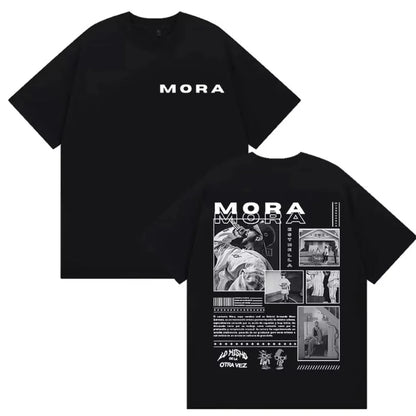 Black short-sleeved cotton t-shirt with white mora branding front and detailed black-and-white graphic back print