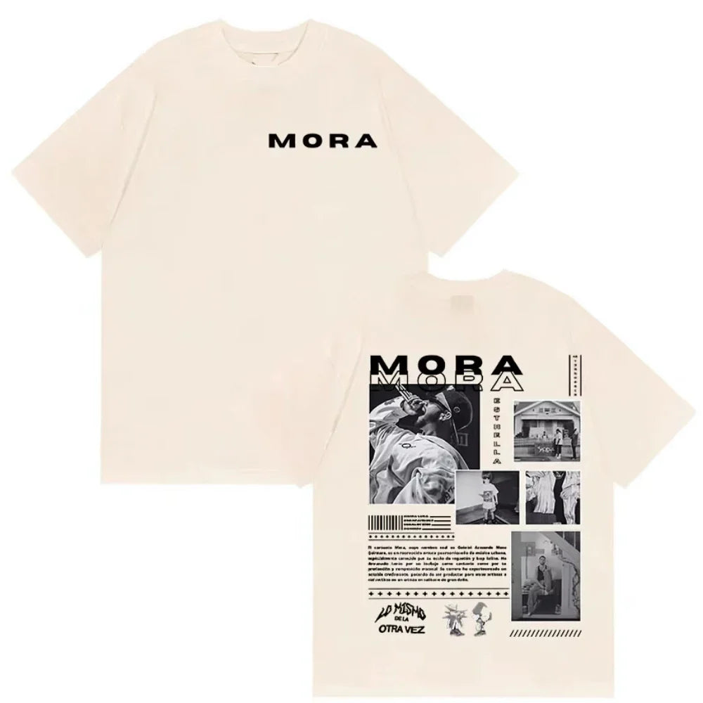 Cream-colored cotton rapper mora album 2026 t-shirt with bold black logo front and vintage photo collage back side design