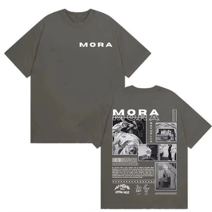 Back of a dark gray oversized cotton t shirt with a photographic collage and mora printed for casual hip hop streetwear