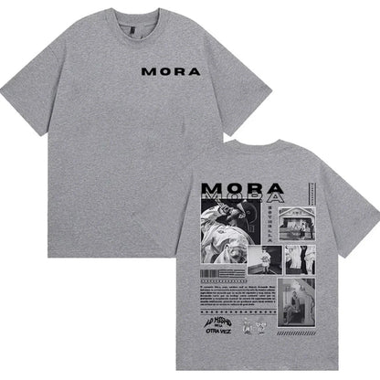 Gray heathered cotton t-shirt with black mora graphic and intricate collage design for men’s hip hop streetwear