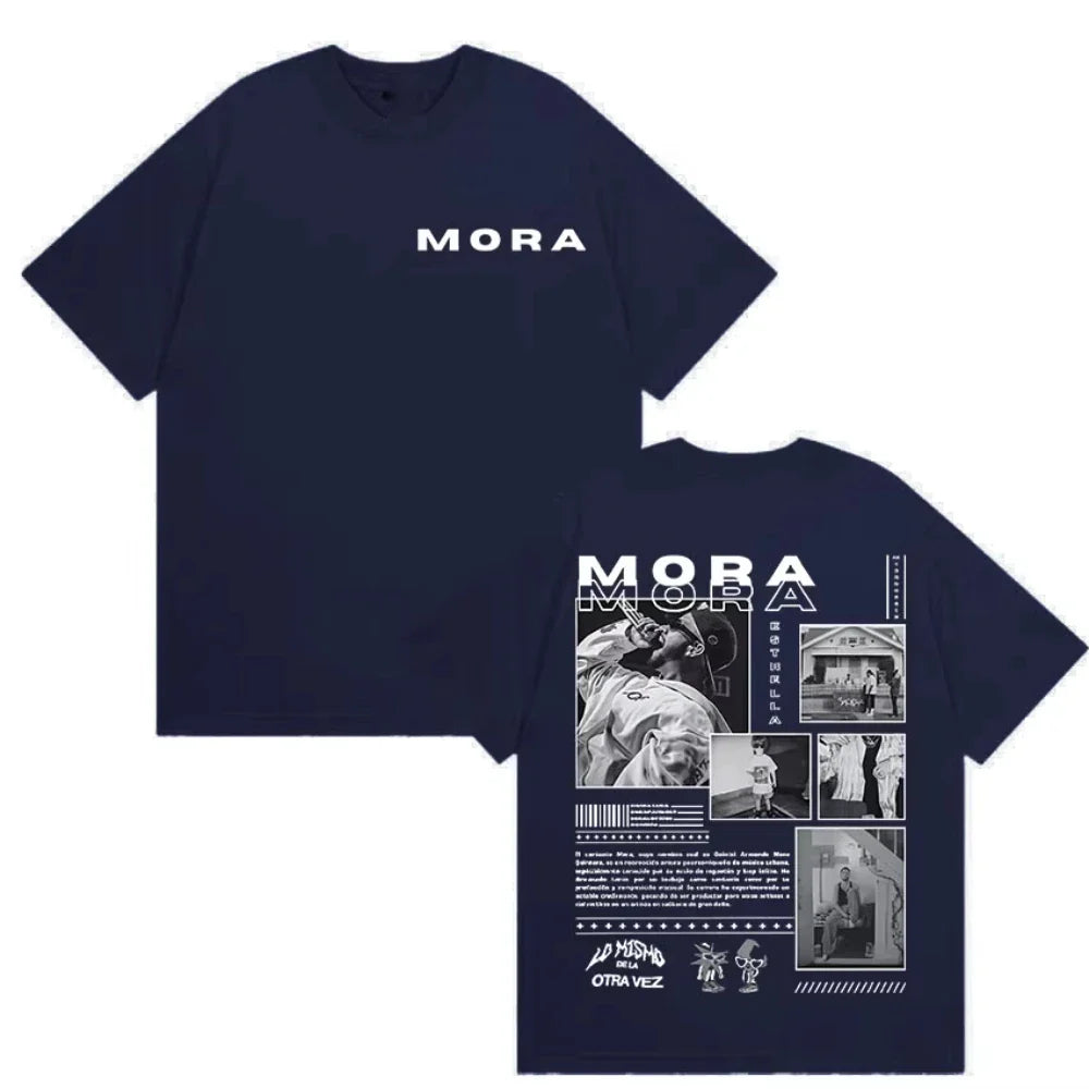 Navy blue short-sleeved cotton t-shirt with white mora branding and detailed black and white graphic print on back for hip hop streetwear