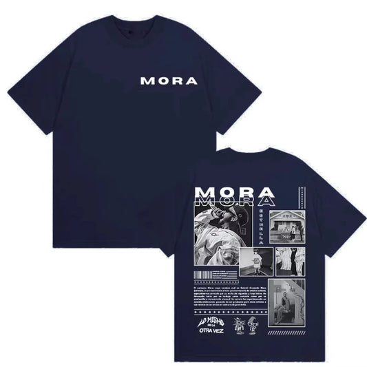 Navy blue short-sleeved cotton t-shirt with white mora branding and detailed black and white graphic print on back for hip hop streetwear