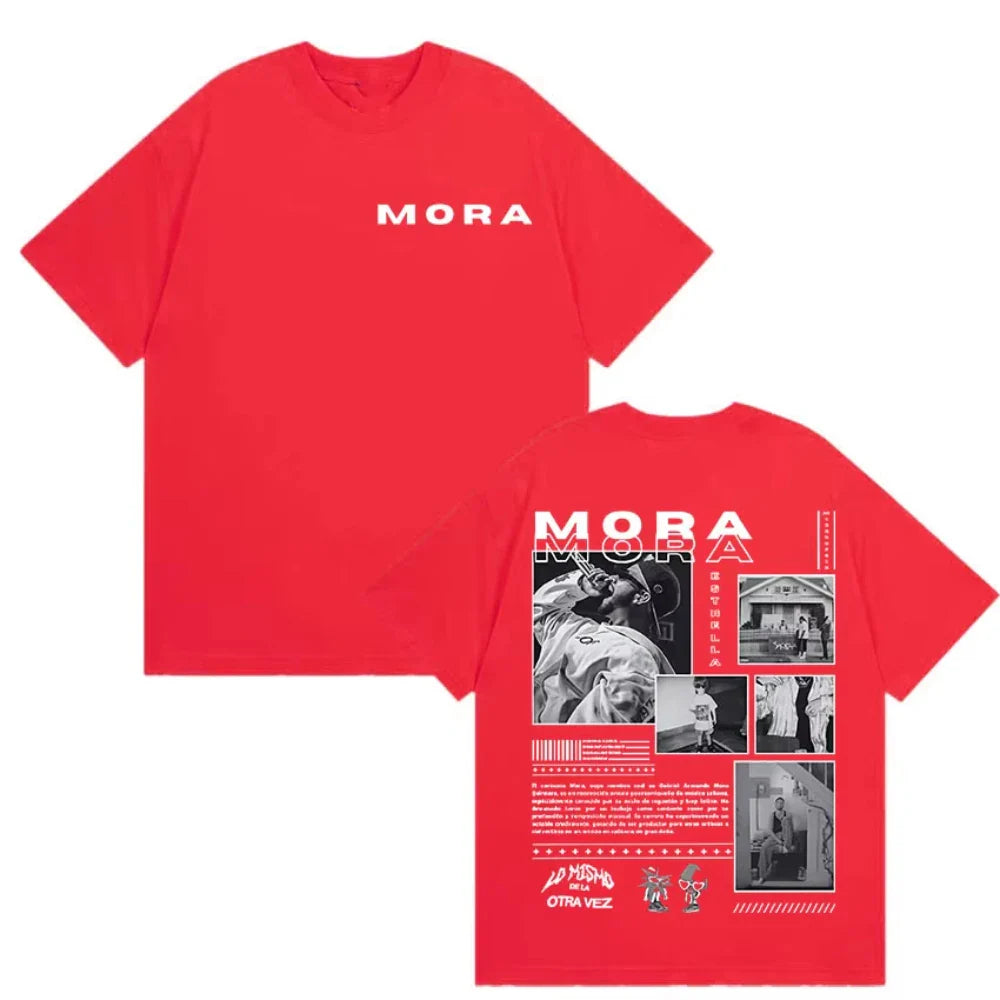 Red short-sleeved cotton t-shirt with mora print and detailed black-and-white graphic design on the back for streetwear